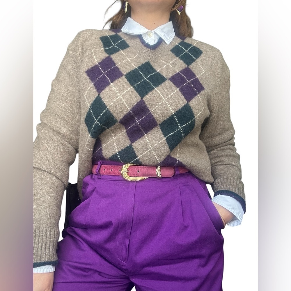 Black Brown Lamb Wool Knit Sweater 80% Wool Medium Large Cozy Classic